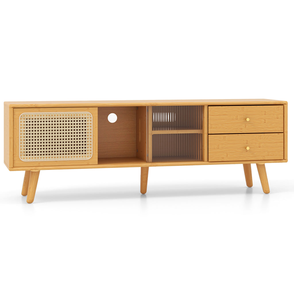 63-Inch Mid Century Modern TV Stand with Sliding Doors - Natural