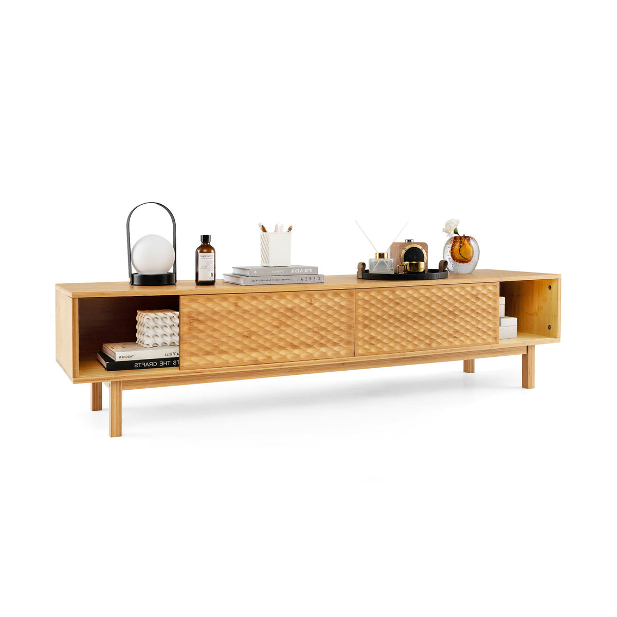 63-Inch Mid Century Modern TV Stand with Sliding Doors – Natural