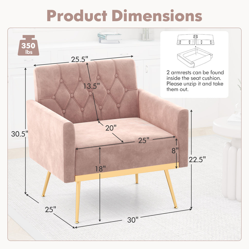 Modern Velvet Accent Chair with Button Tufted Back - Pink