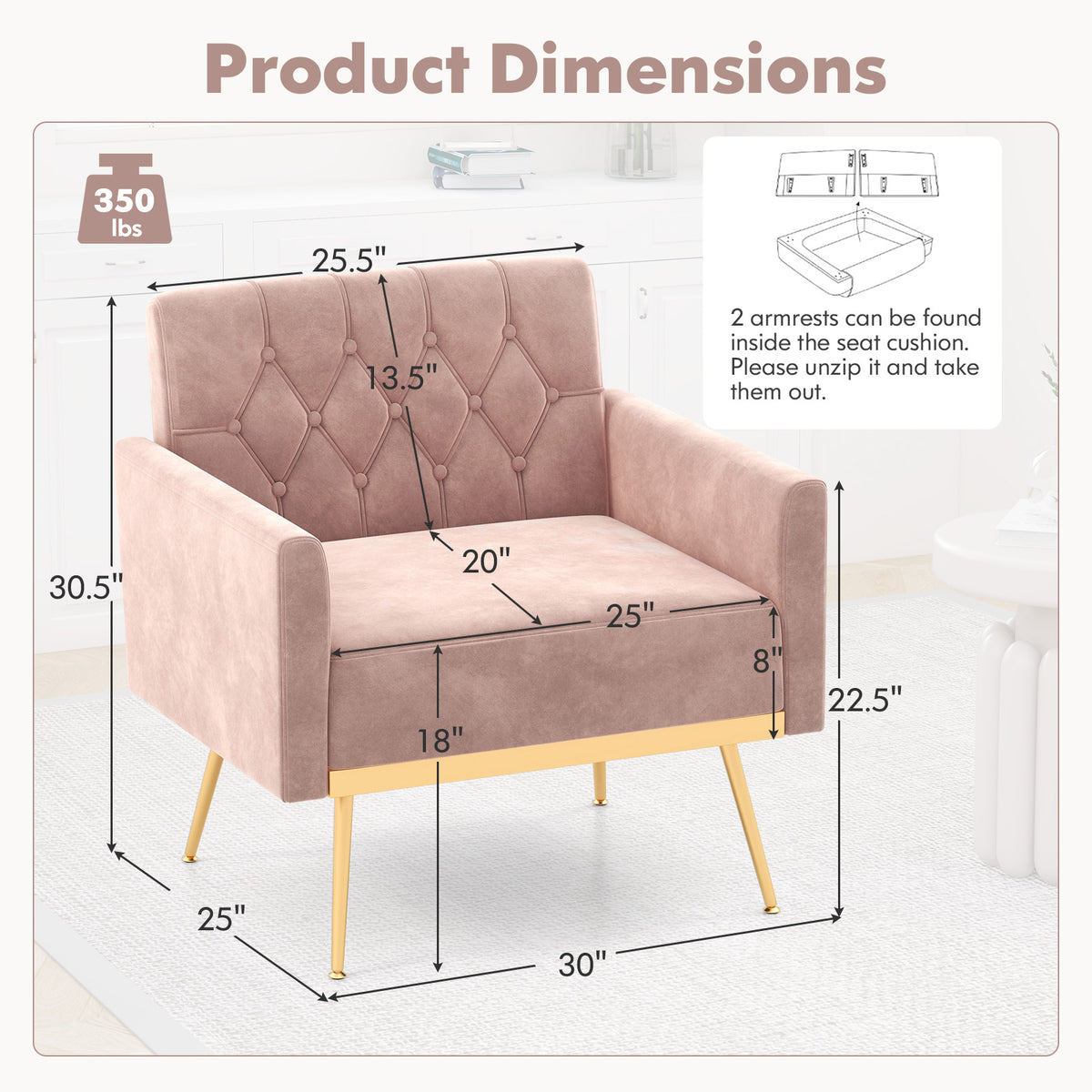 Modern Velvet Accent Chair with Button Tufted Back - Pink