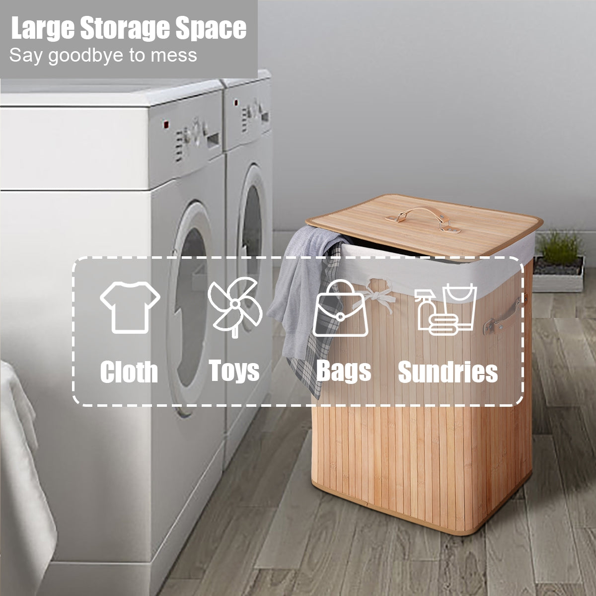 19 Gal Bamboo Laundry Basket with Lid & Handles, Natural