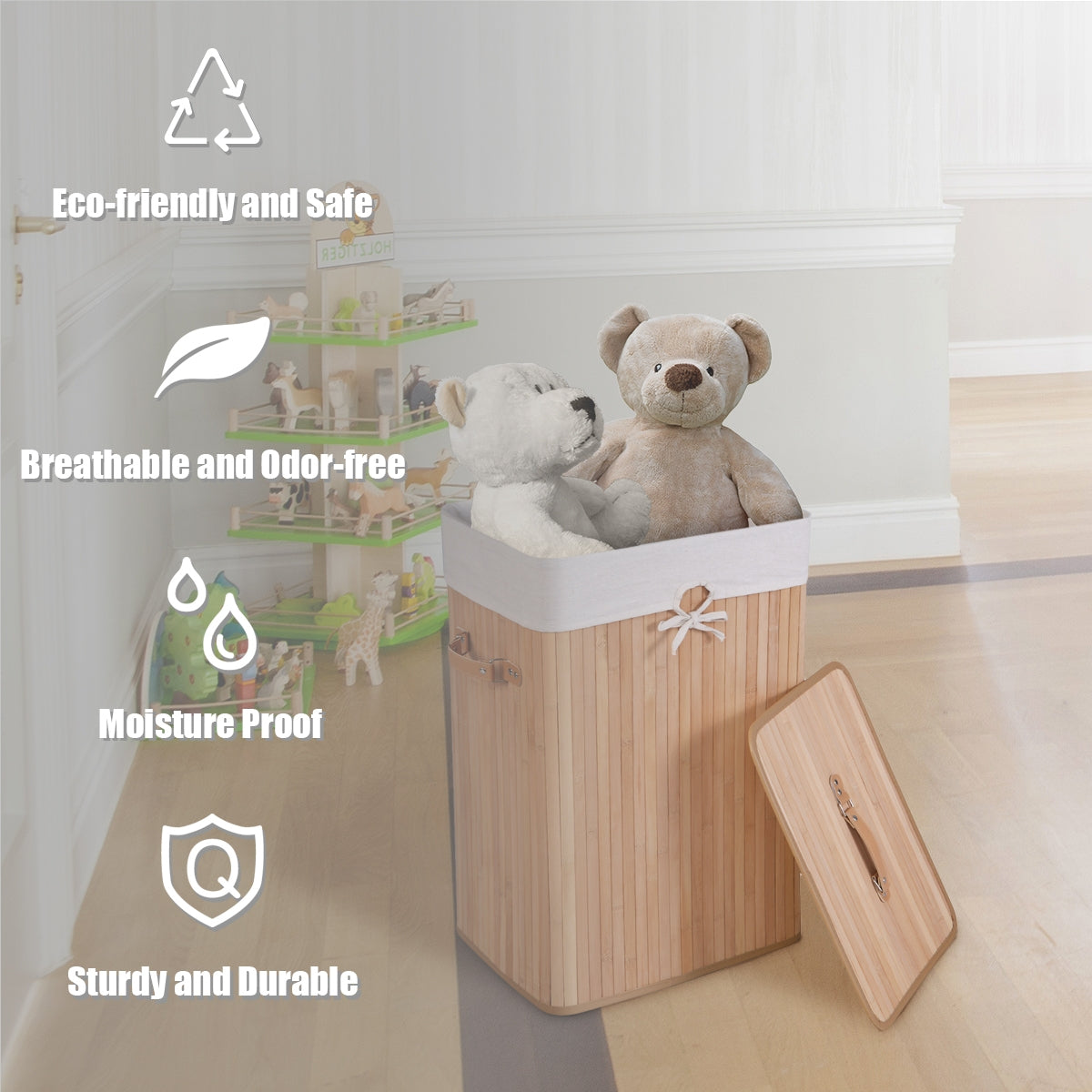 19 Gal Bamboo Laundry Basket with Lid & Handles, Natural
