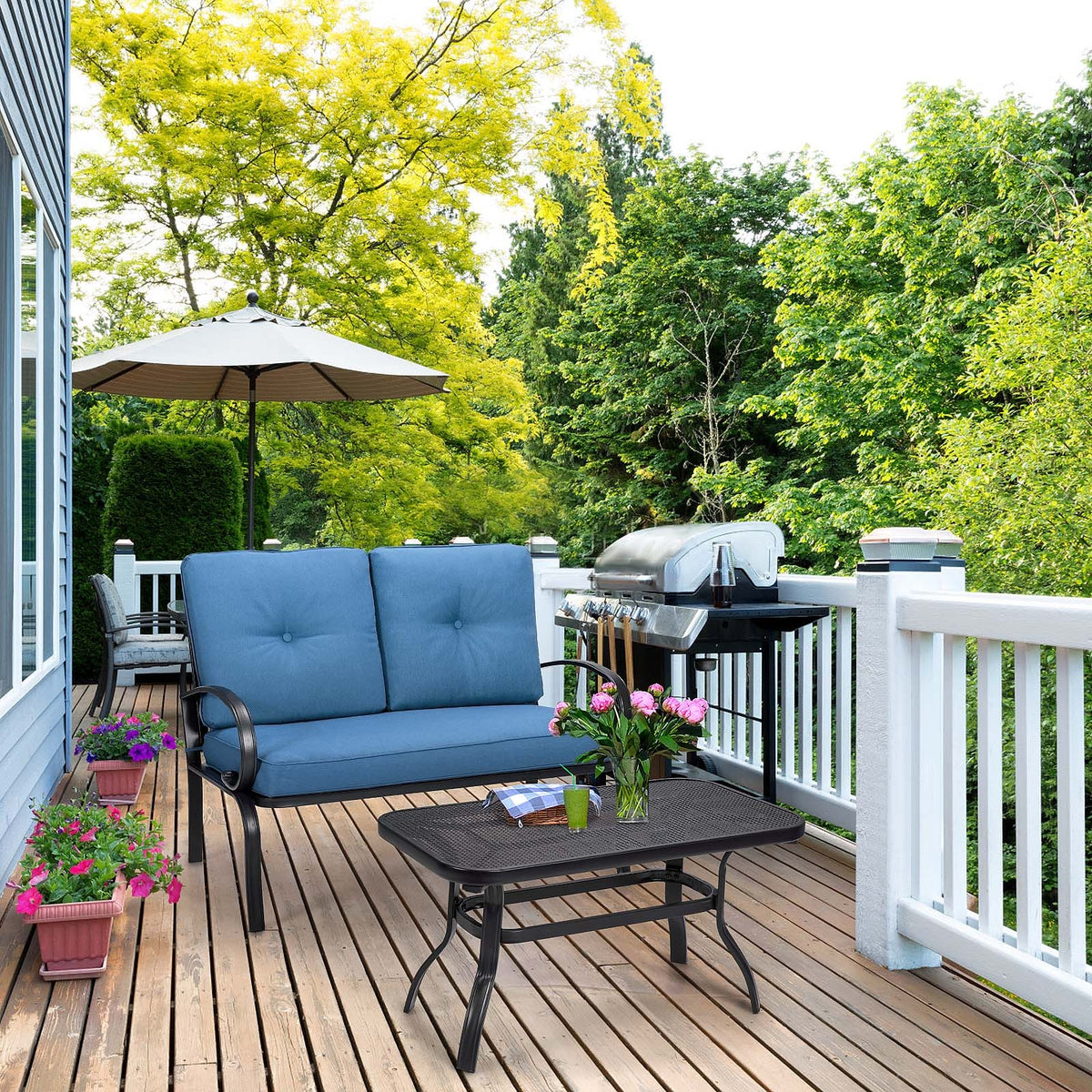 2-Piece Outdoor Cushioned Loveseat & Coffee Table Set - Red
