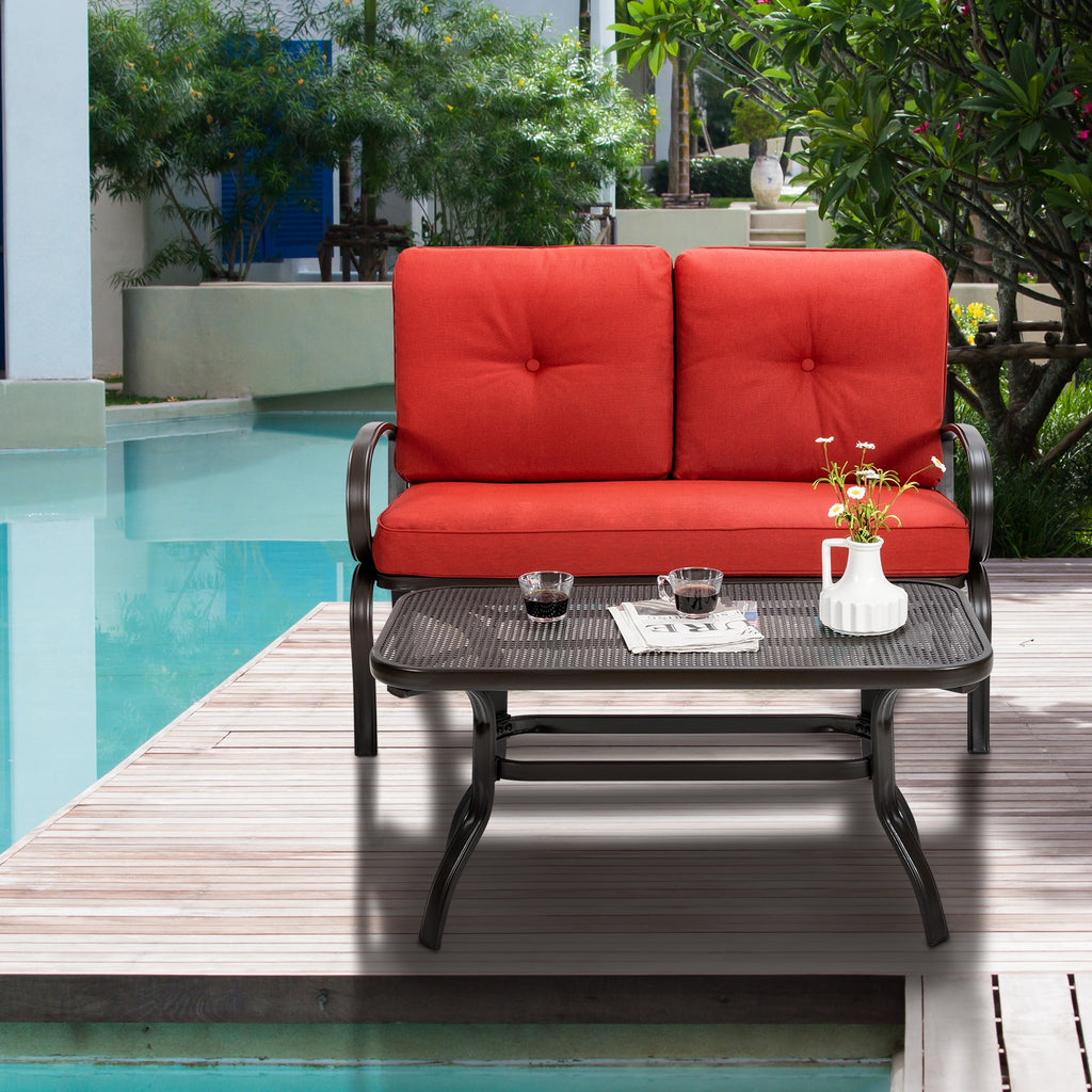 2-Piece Outdoor Cushioned Loveseat & Coffee Table Set - Red