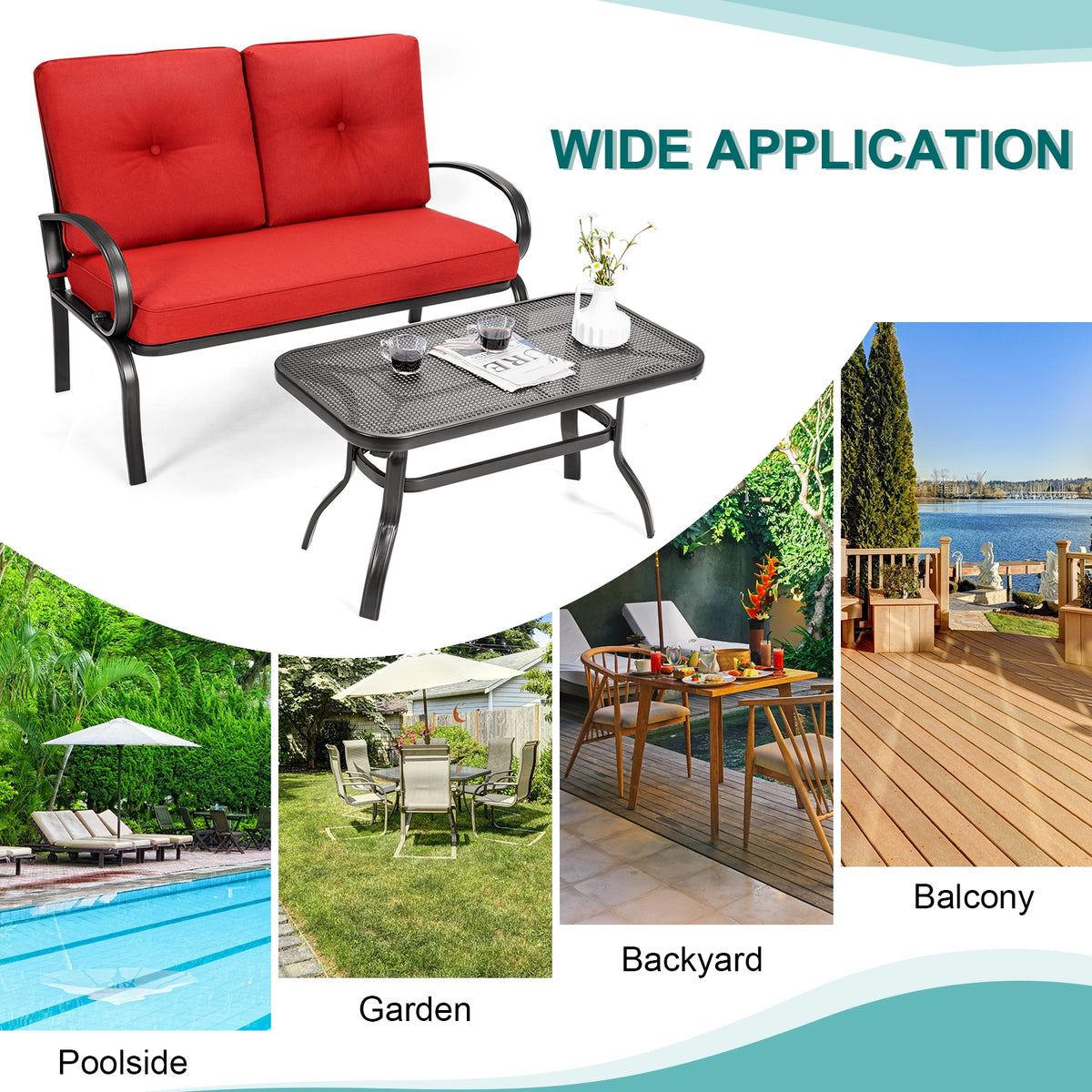 2-Piece Outdoor Cushioned Loveseat & Coffee Table Set - Red