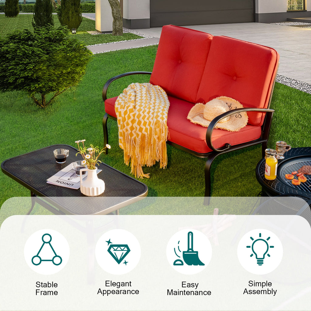 2-Piece Outdoor Cushioned Loveseat & Coffee Table Set - Red