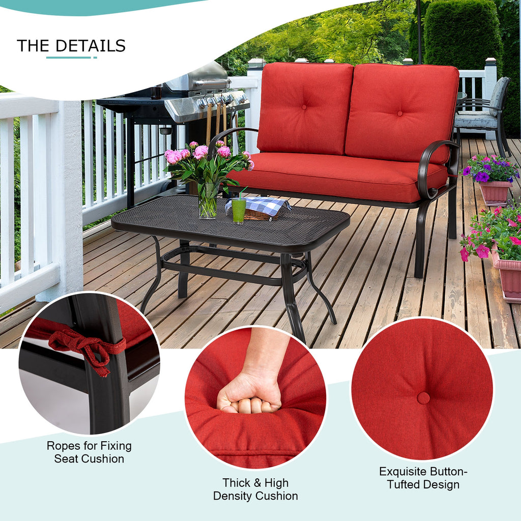 2-Piece Outdoor Cushioned Loveseat & Coffee Table Set - Red
