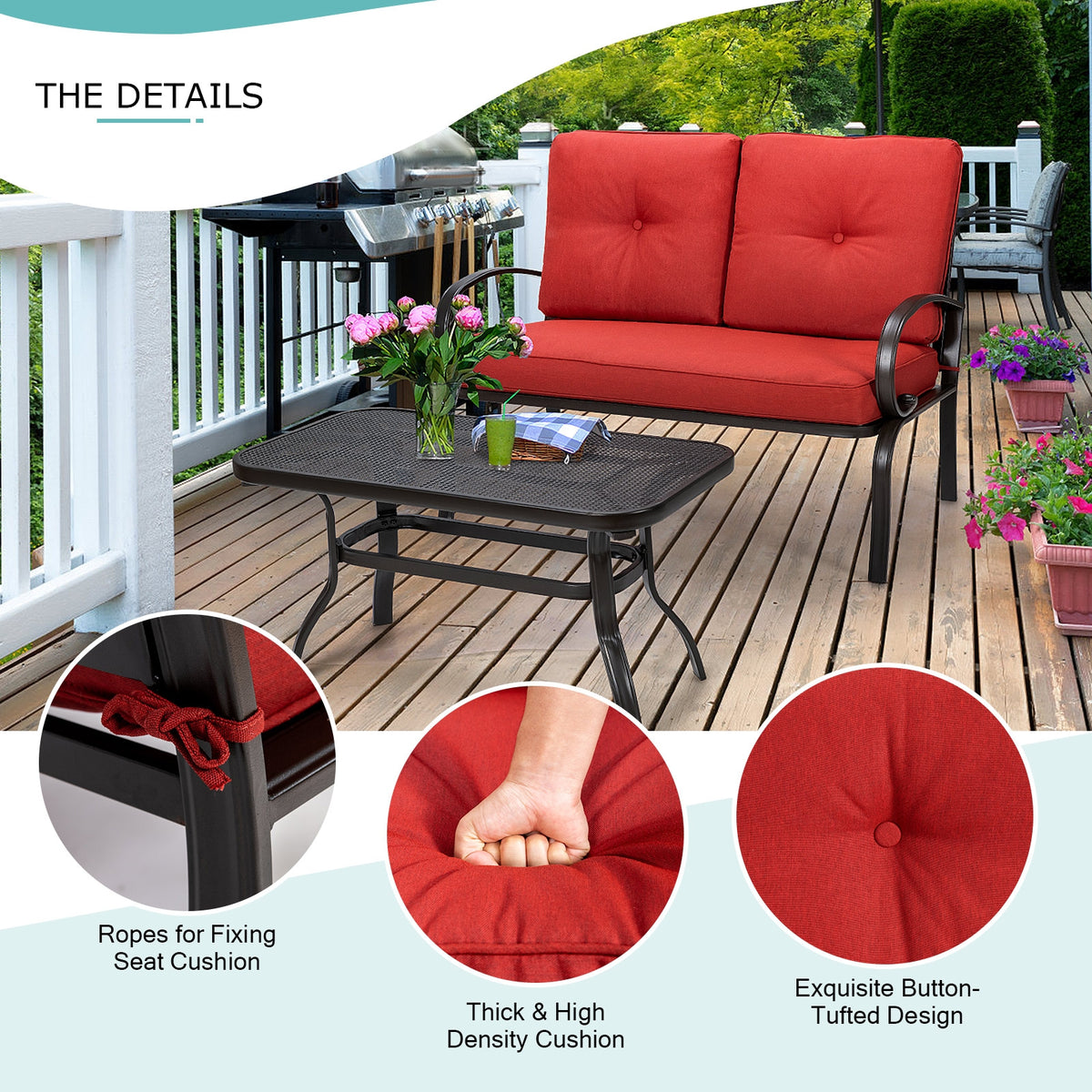 2-Piece Outdoor Cushioned Loveseat & Coffee Table Set - Red