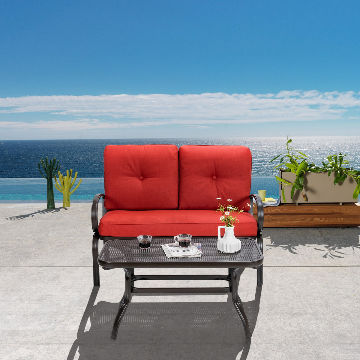 2-Piece Outdoor Cushioned Loveseat & Coffee Table Set - Red