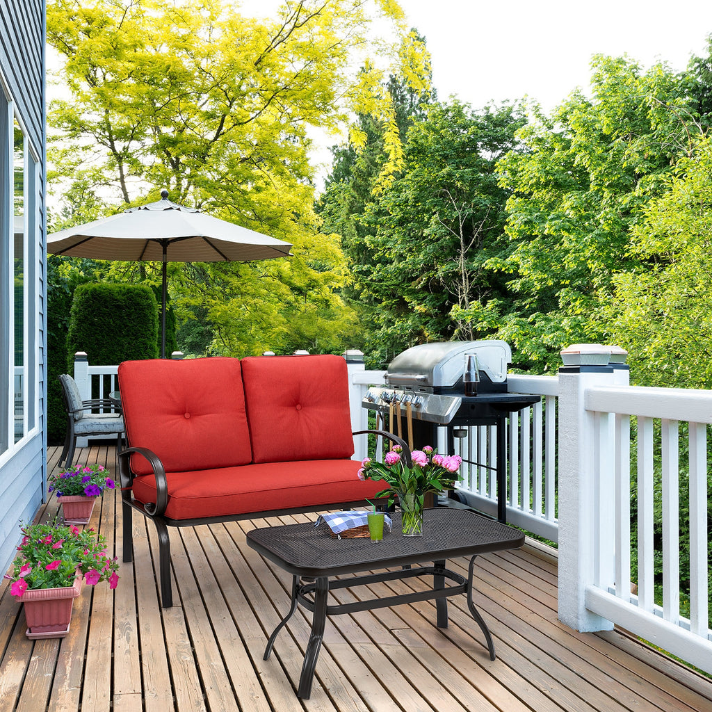 2-Piece Outdoor Cushioned Loveseat & Coffee Table Set - Red