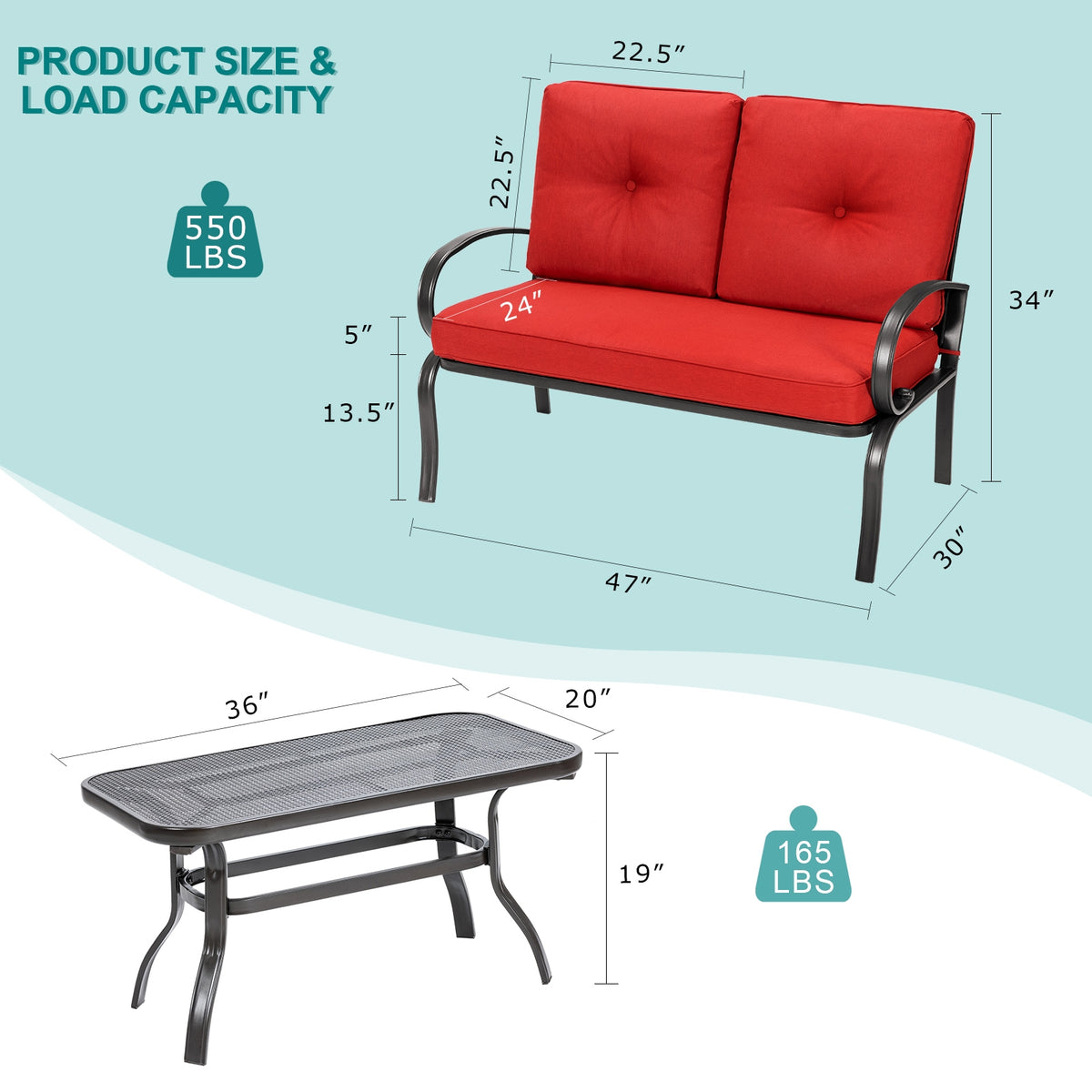 2-Piece Outdoor Cushioned Loveseat & Coffee Table Set - Red