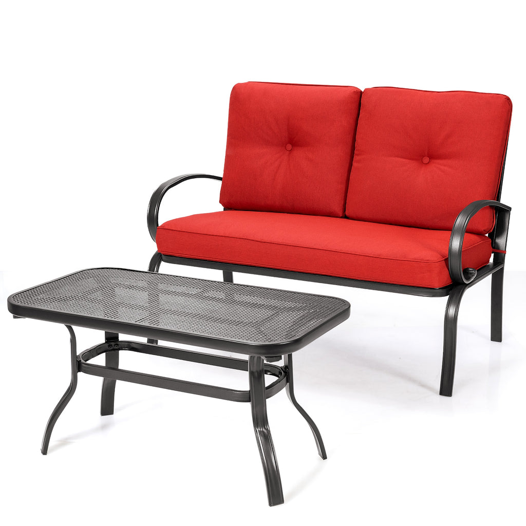2-Piece Outdoor Cushioned Loveseat & Coffee Table Set - Red