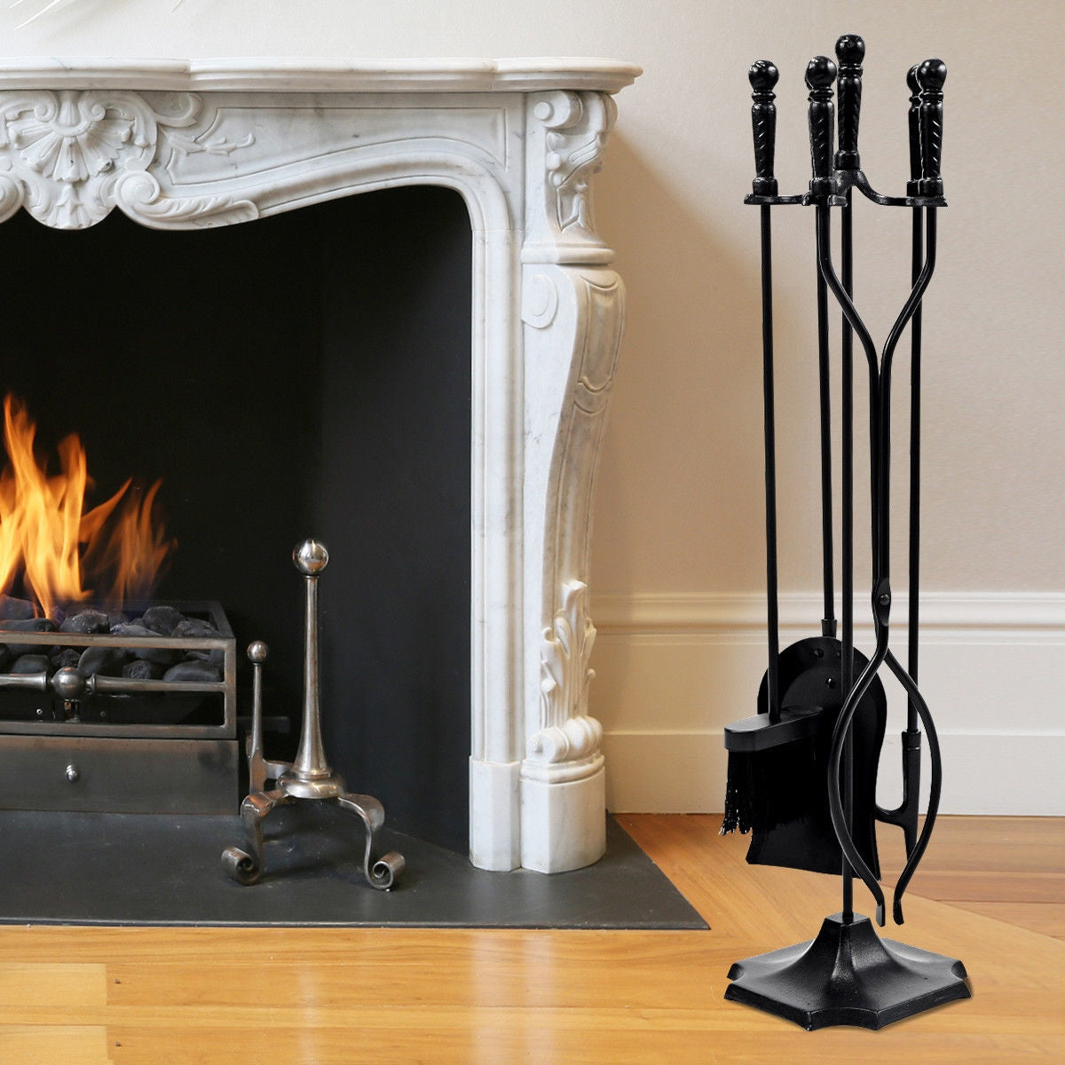 Fireplace Tool Set - 31 Inch 5-Piece Metal Stand, Black