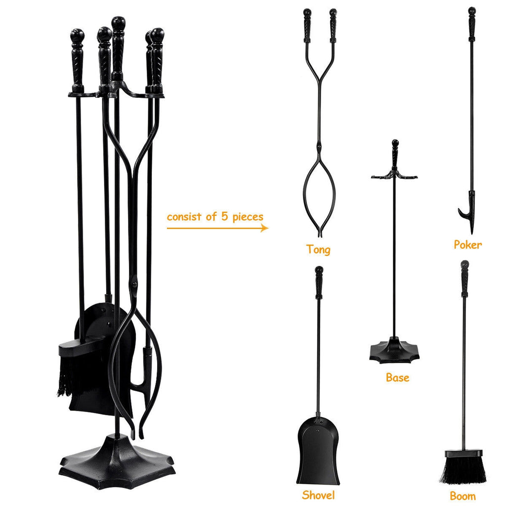 Fireplace Tool Set - 31 Inch 5-Piece Metal Stand, Black