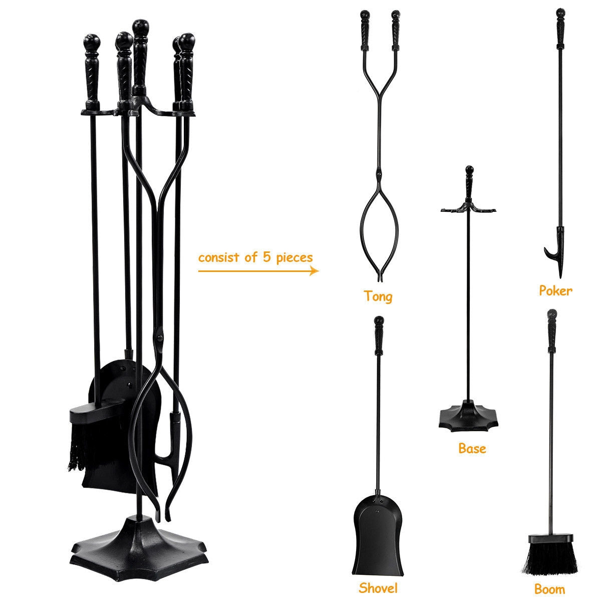 Fireplace Tool Set - 31 Inch 5-Piece Metal Stand, Black