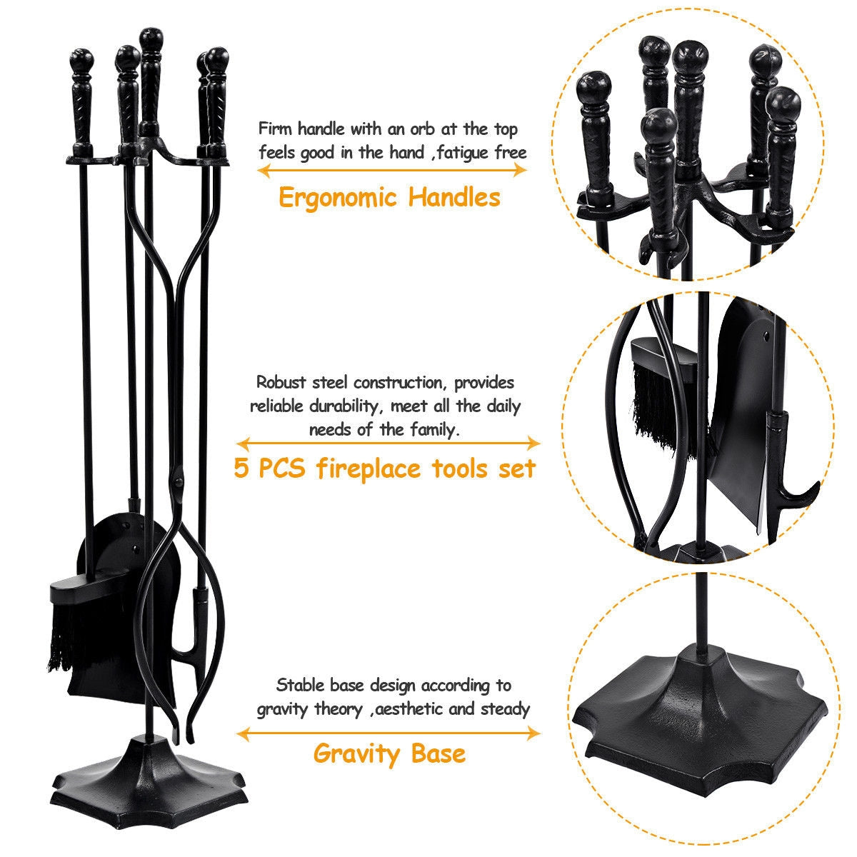 Fireplace Tool Set - 31 Inch 5-Piece Metal Stand, Black