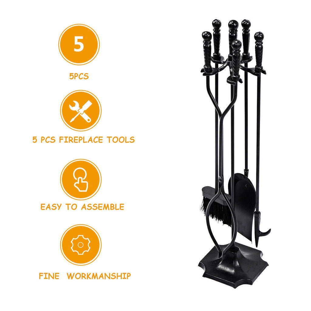Fireplace Tool Set - 31 Inch 5-Piece Metal Stand, Black