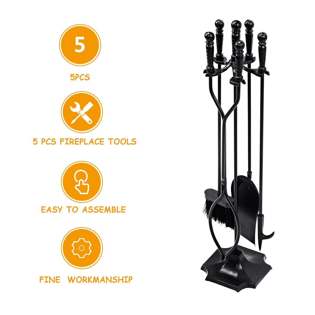 Fireplace Tool Set - 31 Inch 5-Piece Metal Stand, Black