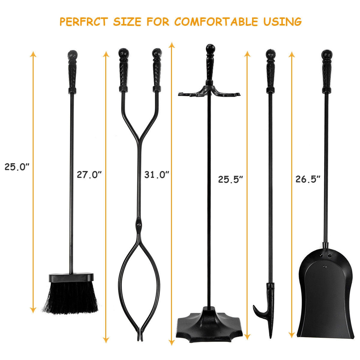 Fireplace Tool Set - 31 Inch 5-Piece Metal Stand, Black