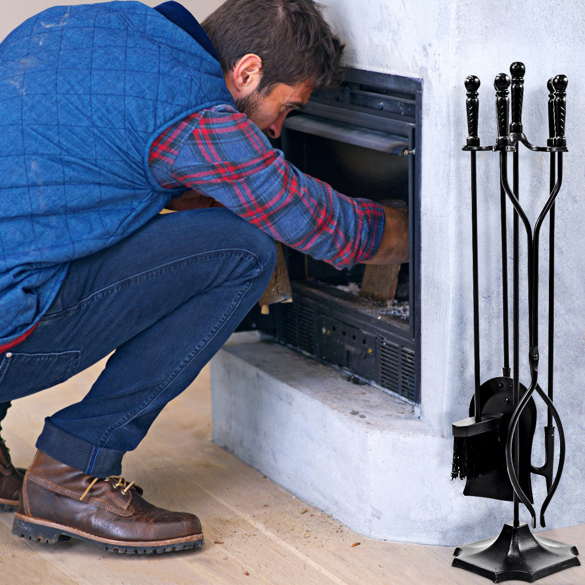 Fireplace Tool Set - 31 Inch 5-Piece Metal Stand, Black
