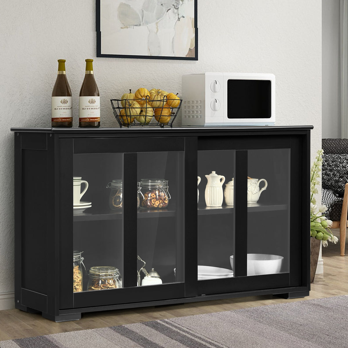 Sideboard Buffet Storage Cabinet with Sliding Glass Door - Black