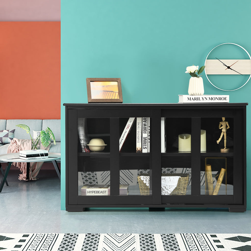 Sideboard Buffet Storage Cabinet with Sliding Glass Door - Black