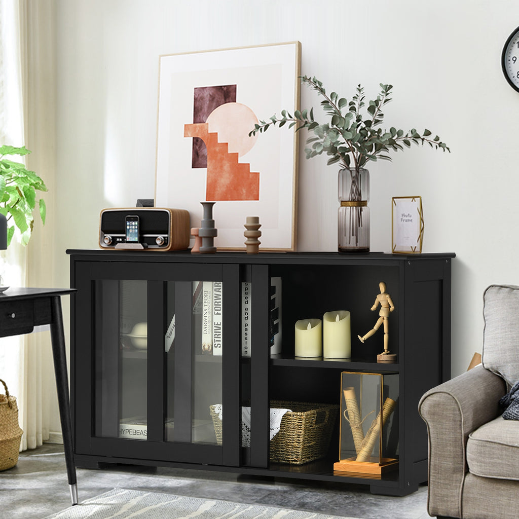 Sideboard Buffet Storage Cabinet with Sliding Glass Door - Black