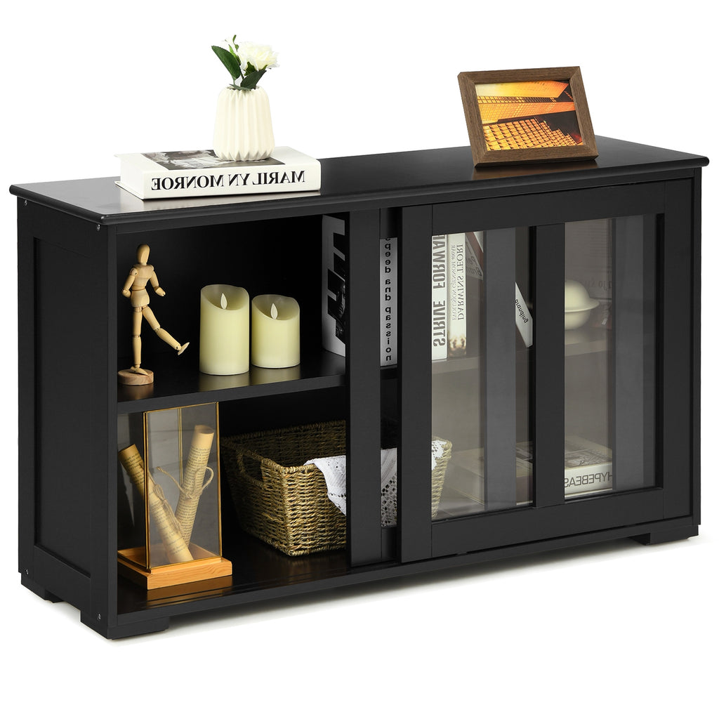 Sideboard Buffet Storage Cabinet with Sliding Glass Door - Black