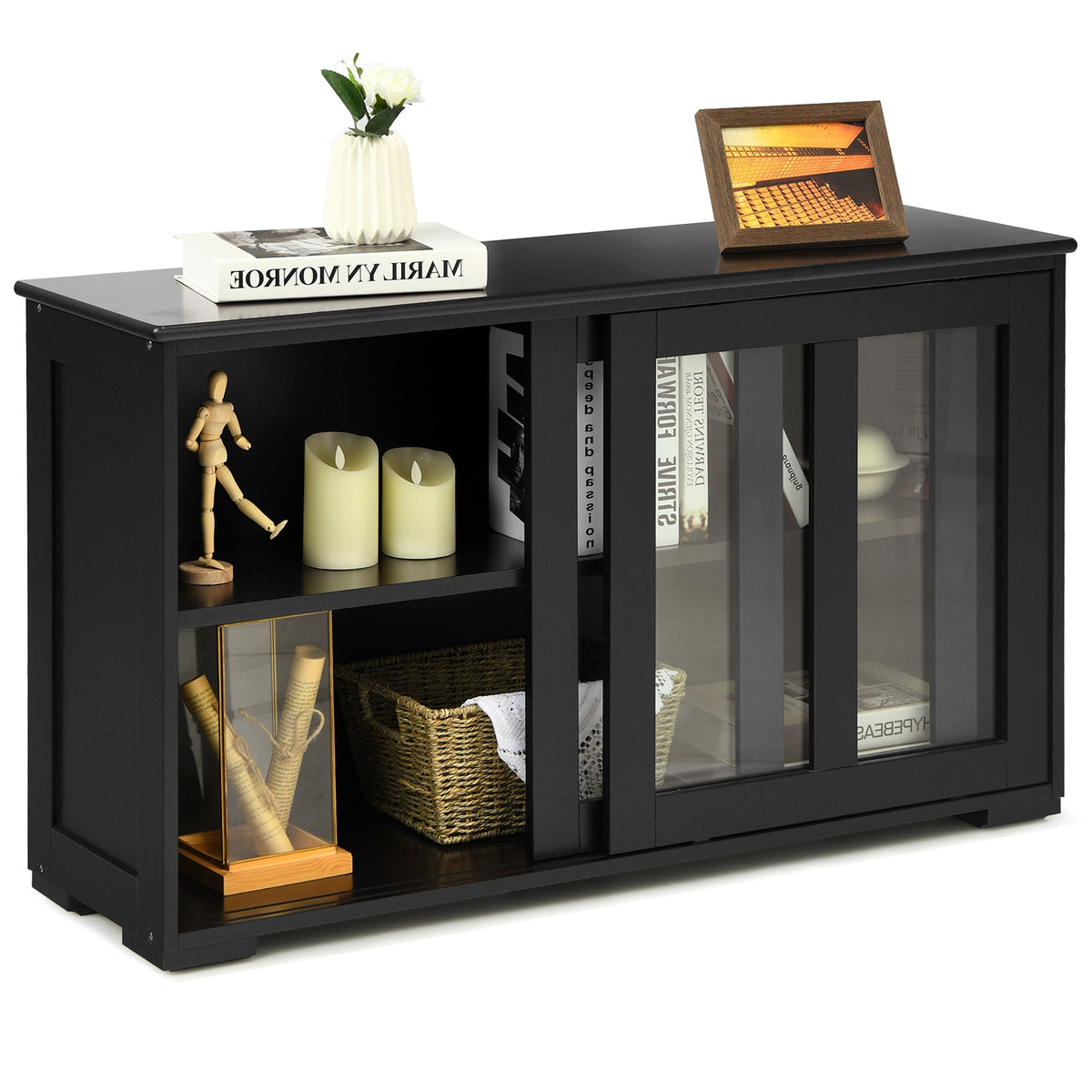 Sideboard Buffet Storage Cabinet with Sliding Glass Door - Black