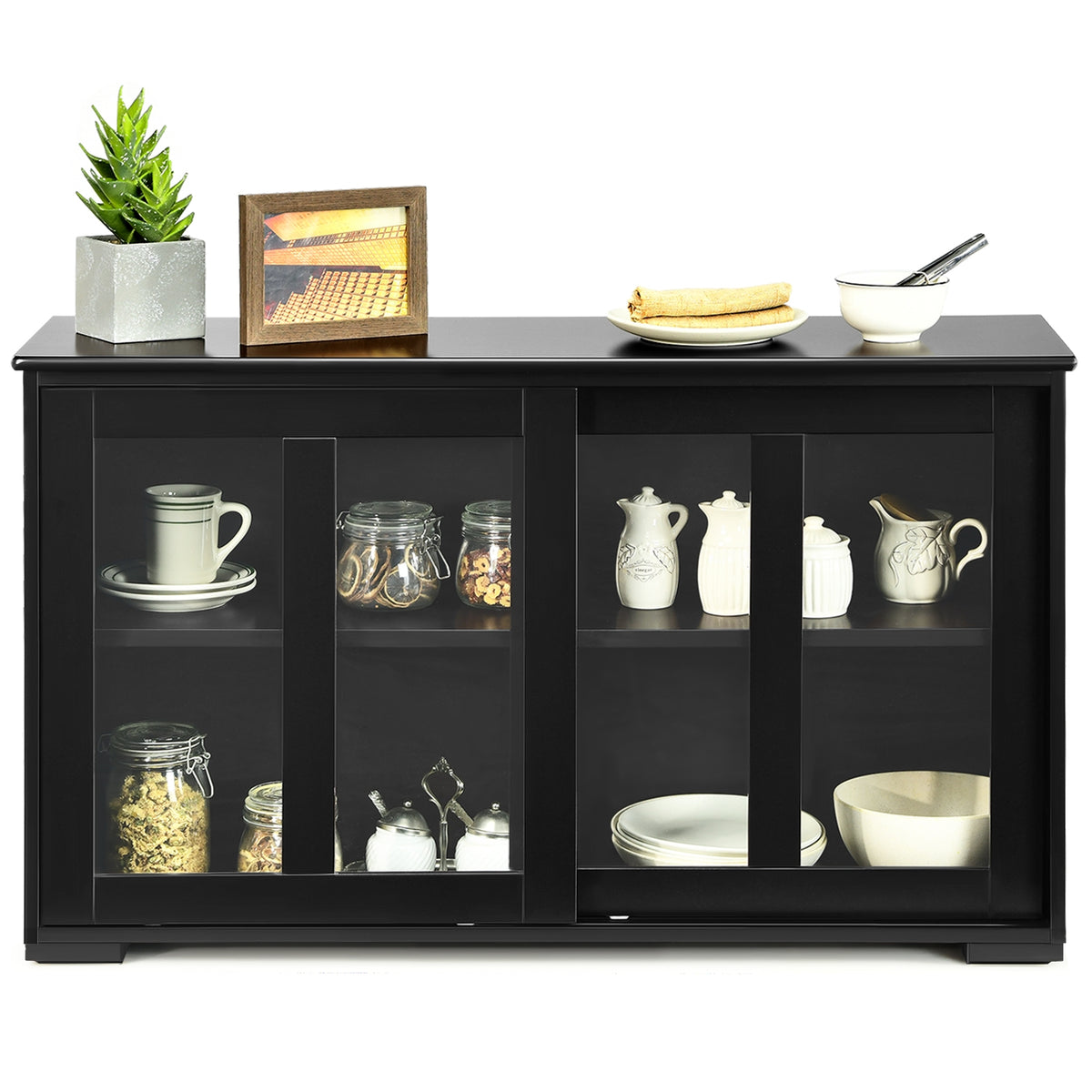 Sideboard Buffet Storage Cabinet with Sliding Glass Door - Black