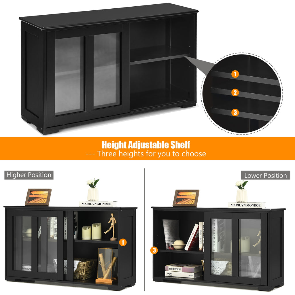 Sideboard Buffet Storage Cabinet with Sliding Glass Door - Black