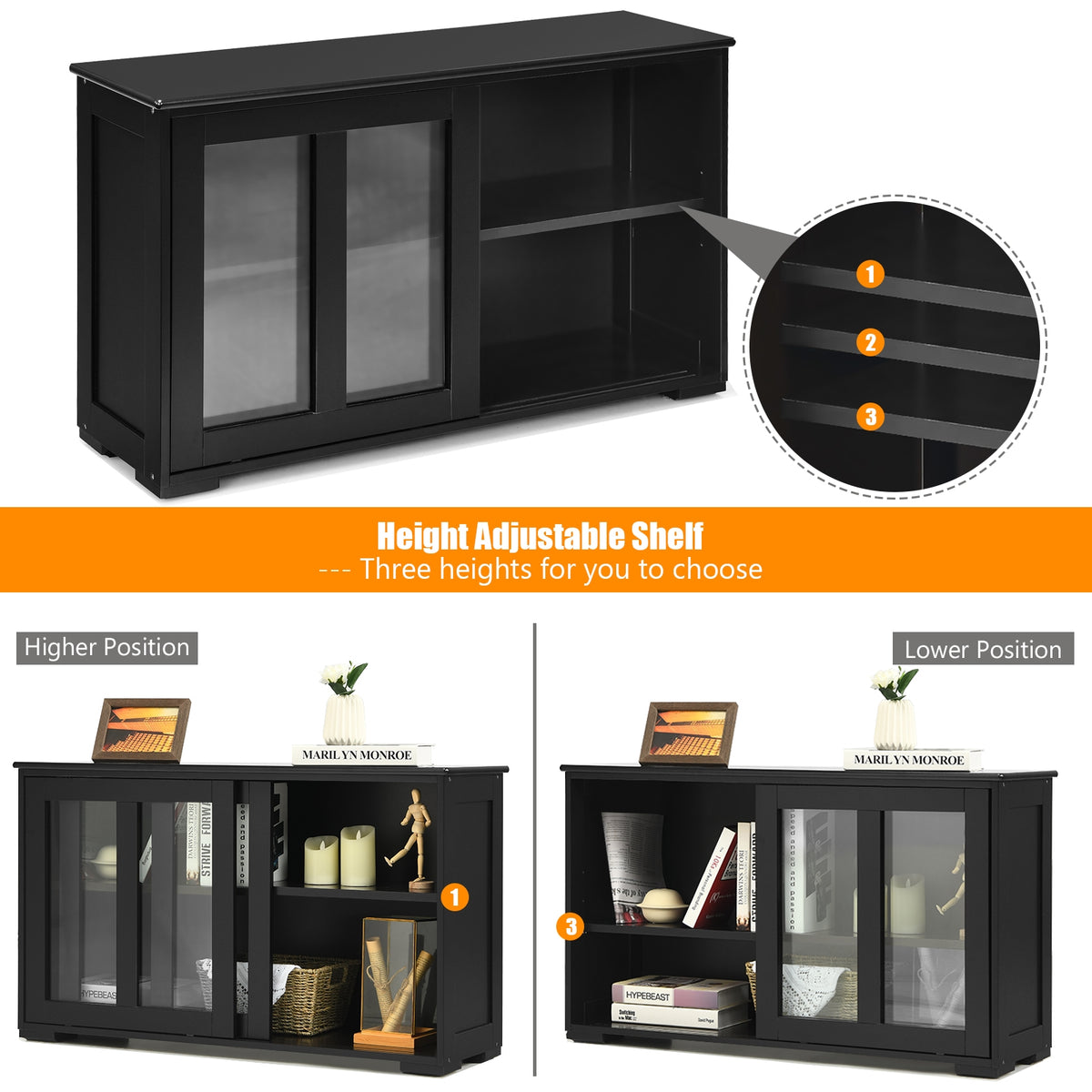 Sideboard Buffet Storage Cabinet with Sliding Glass Door - Black