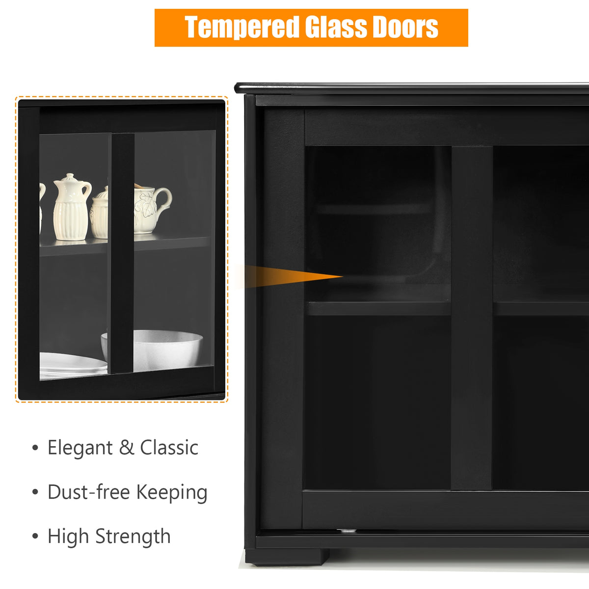 Sideboard Buffet Storage Cabinet with Sliding Glass Door - Black