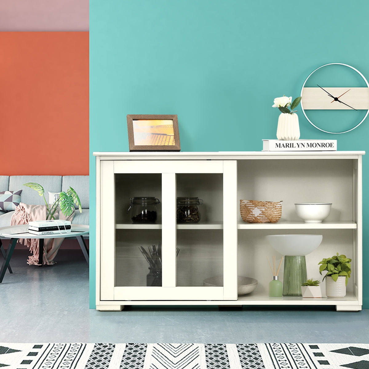 Sideboard Buffet Storage Cabinet with Sliding Glass Door - White