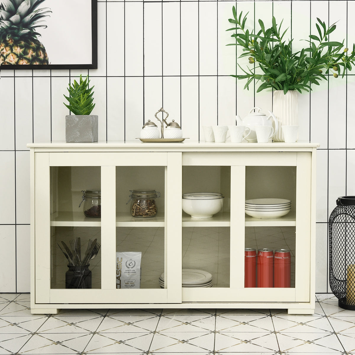 Sideboard Buffet Storage Cabinet with Sliding Glass Door - White