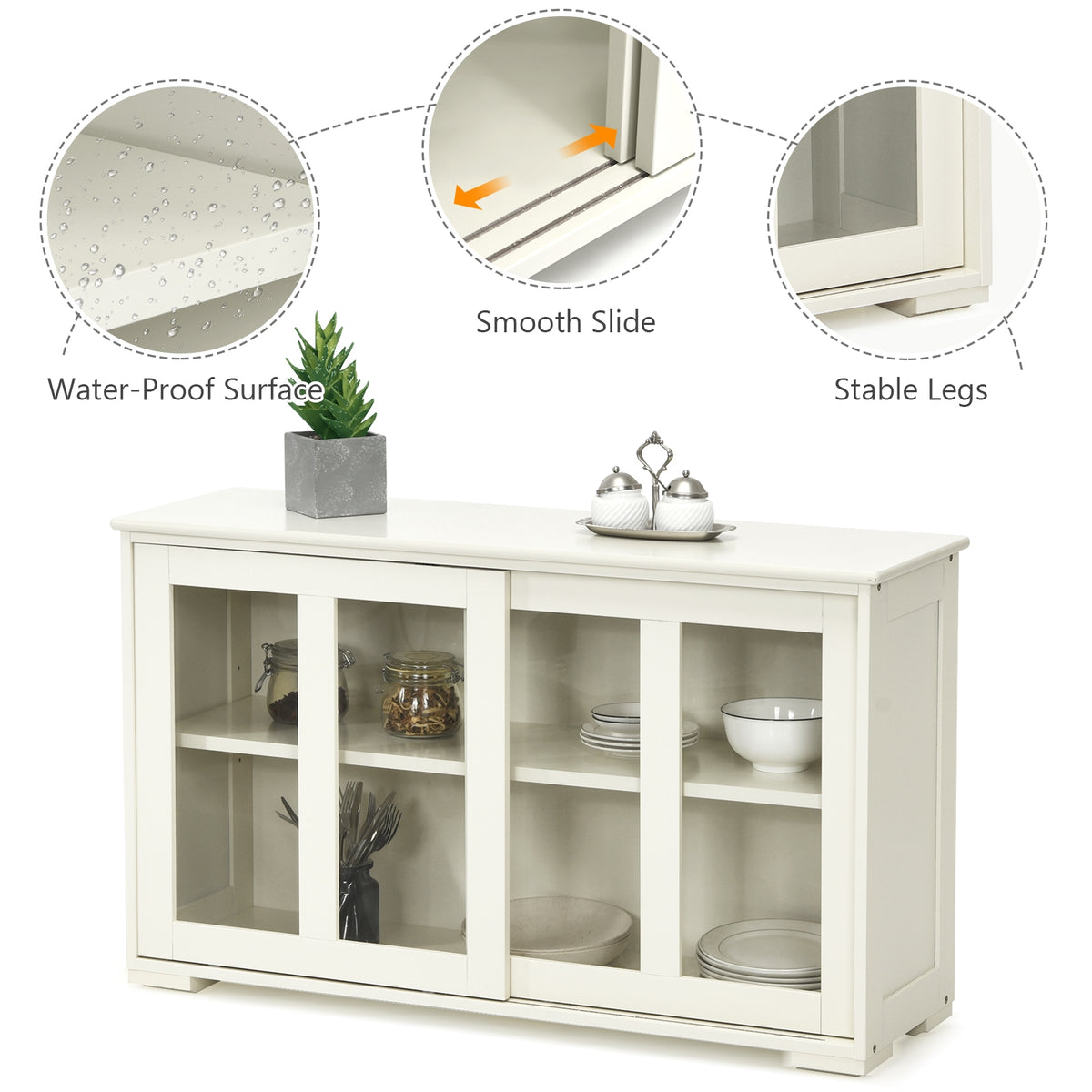 Sideboard Buffet Storage Cabinet with Sliding Glass Door - White