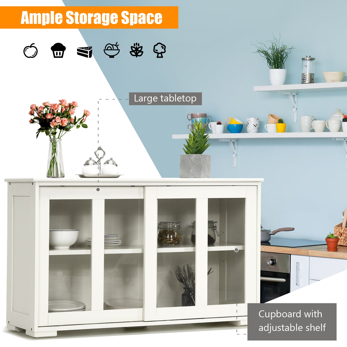 Sideboard Buffet Storage Cabinet with Sliding Glass Door - White