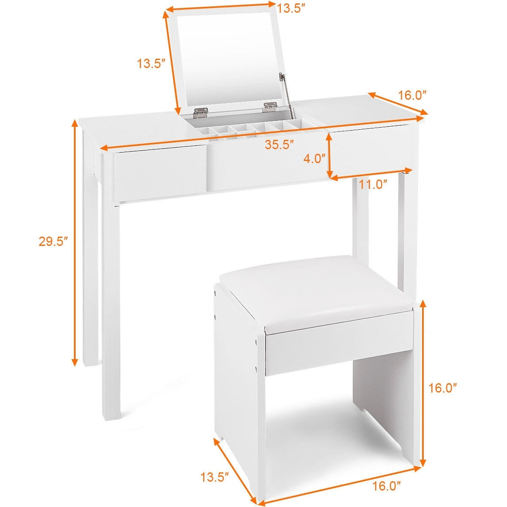 Makeup Vanity Dressing Table with Flip Top Mirror and Stool, White