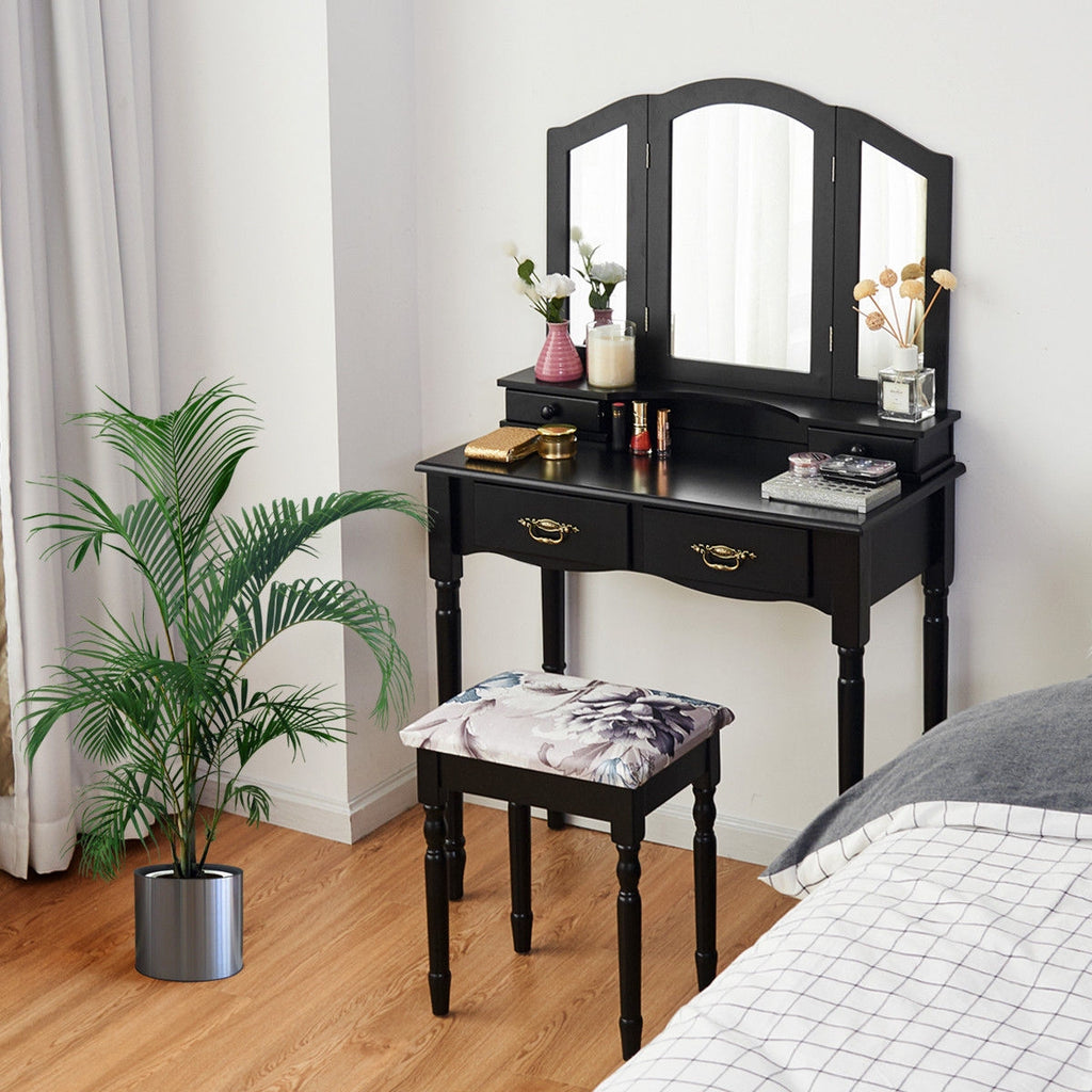 Makeup Vanity Set with Tri-Fold Mirror, 4 Drawers & Stool - White