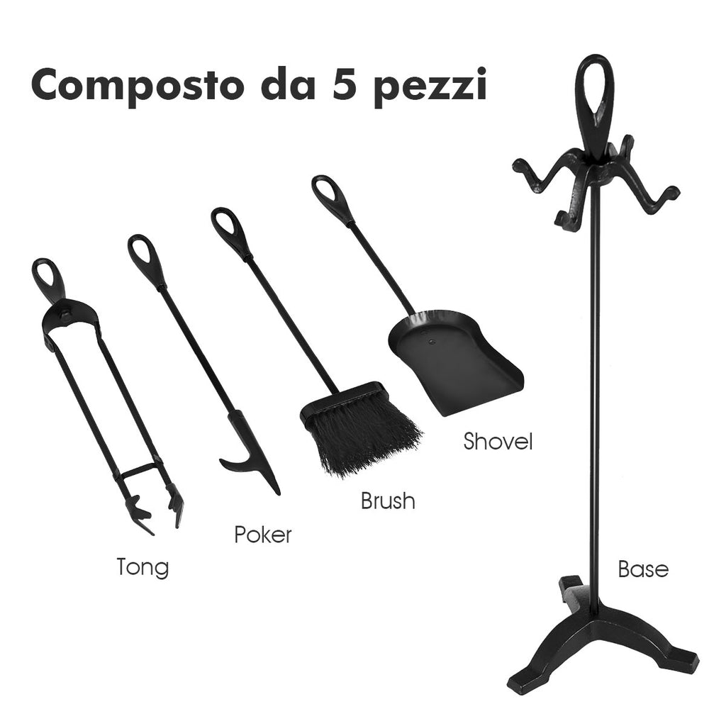 5-Piece Fireplace Tools Set with Stand - Black