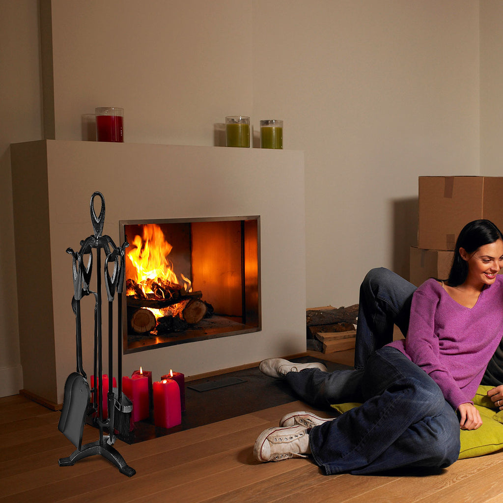 5-Piece Fireplace Tools Set with Stand - Black