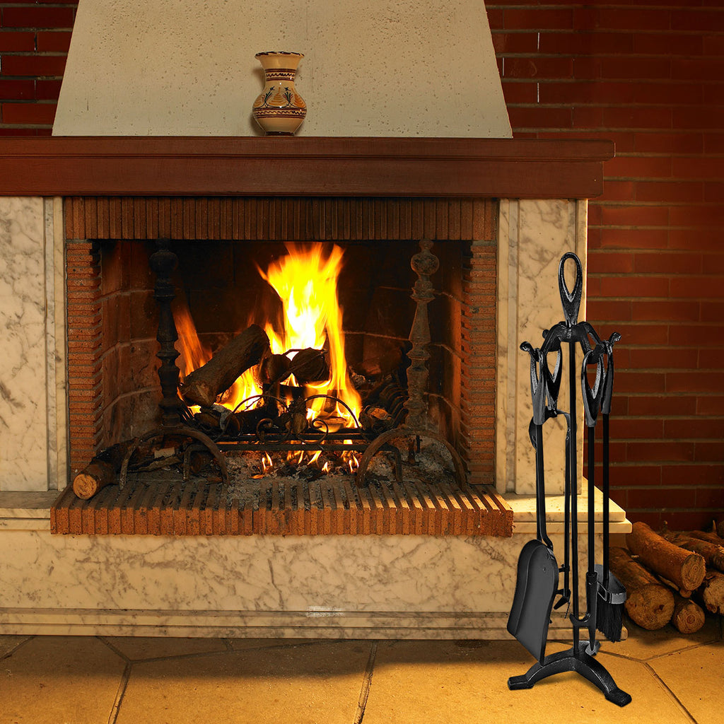 5-Piece Fireplace Tools Set with Stand - Black