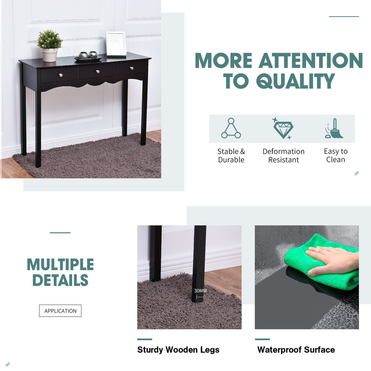 3-Drawer Console Table with Storage, Black