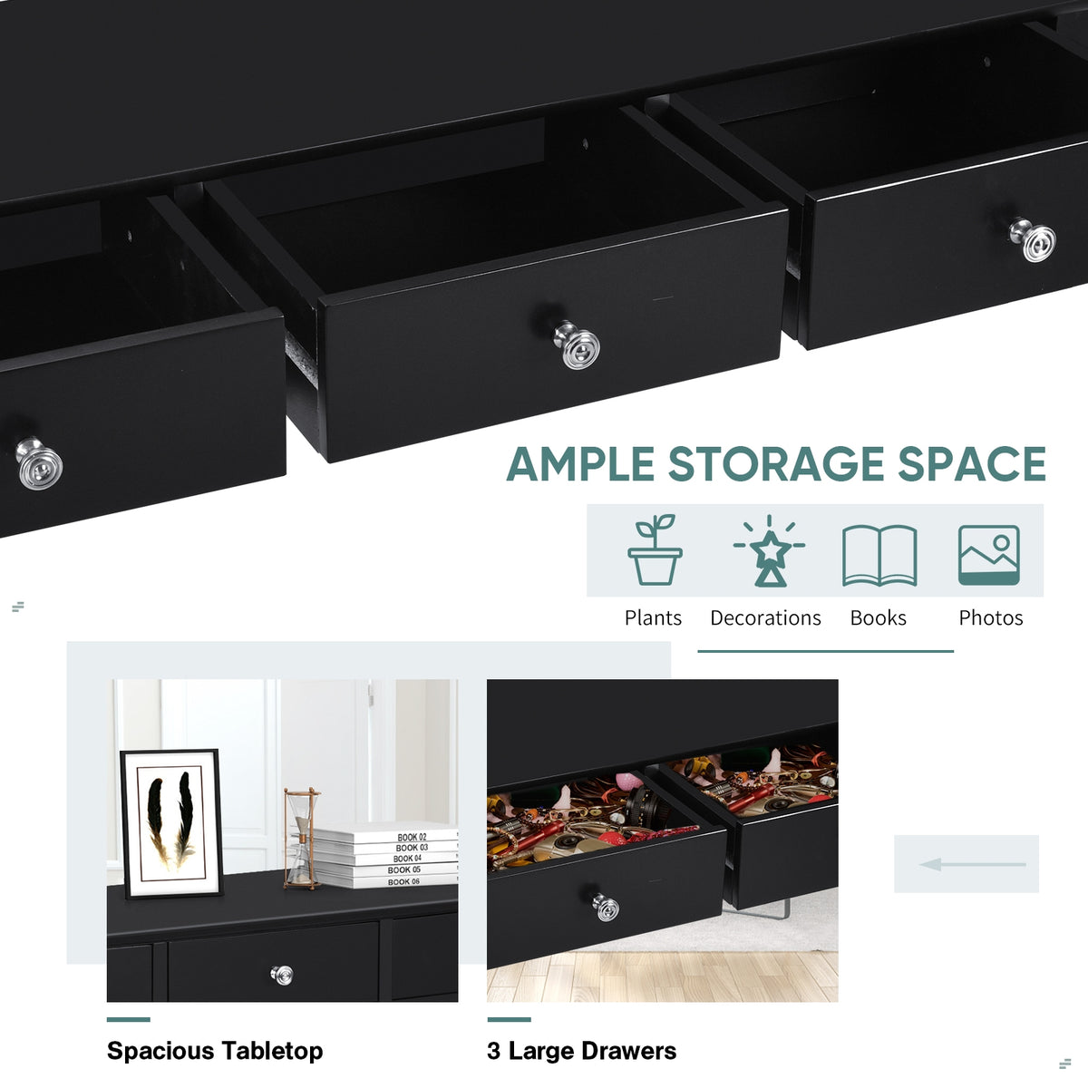 3-Drawer Console Table with Storage, Black