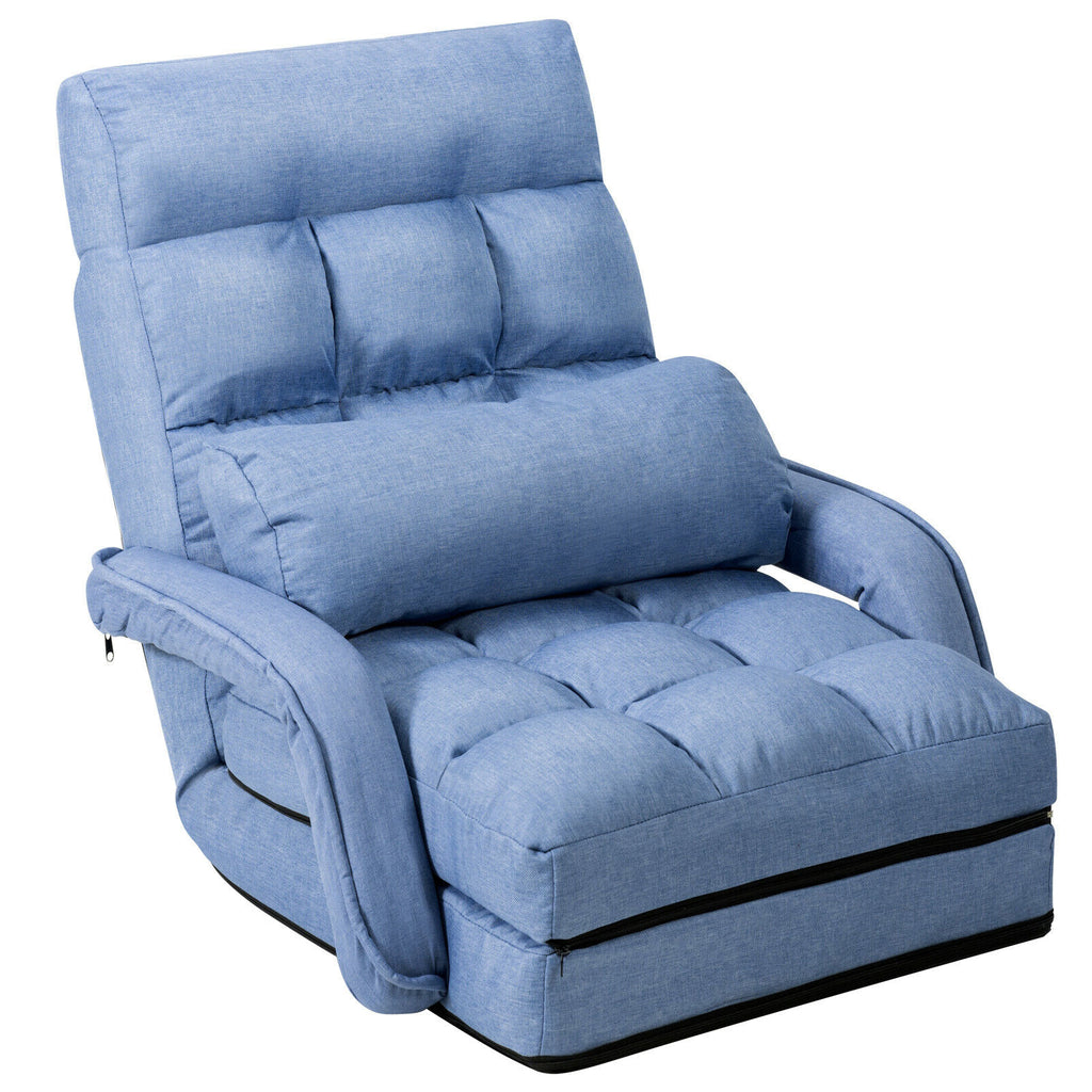 Folding Floor Chair with Armrests and Pillow - Blue