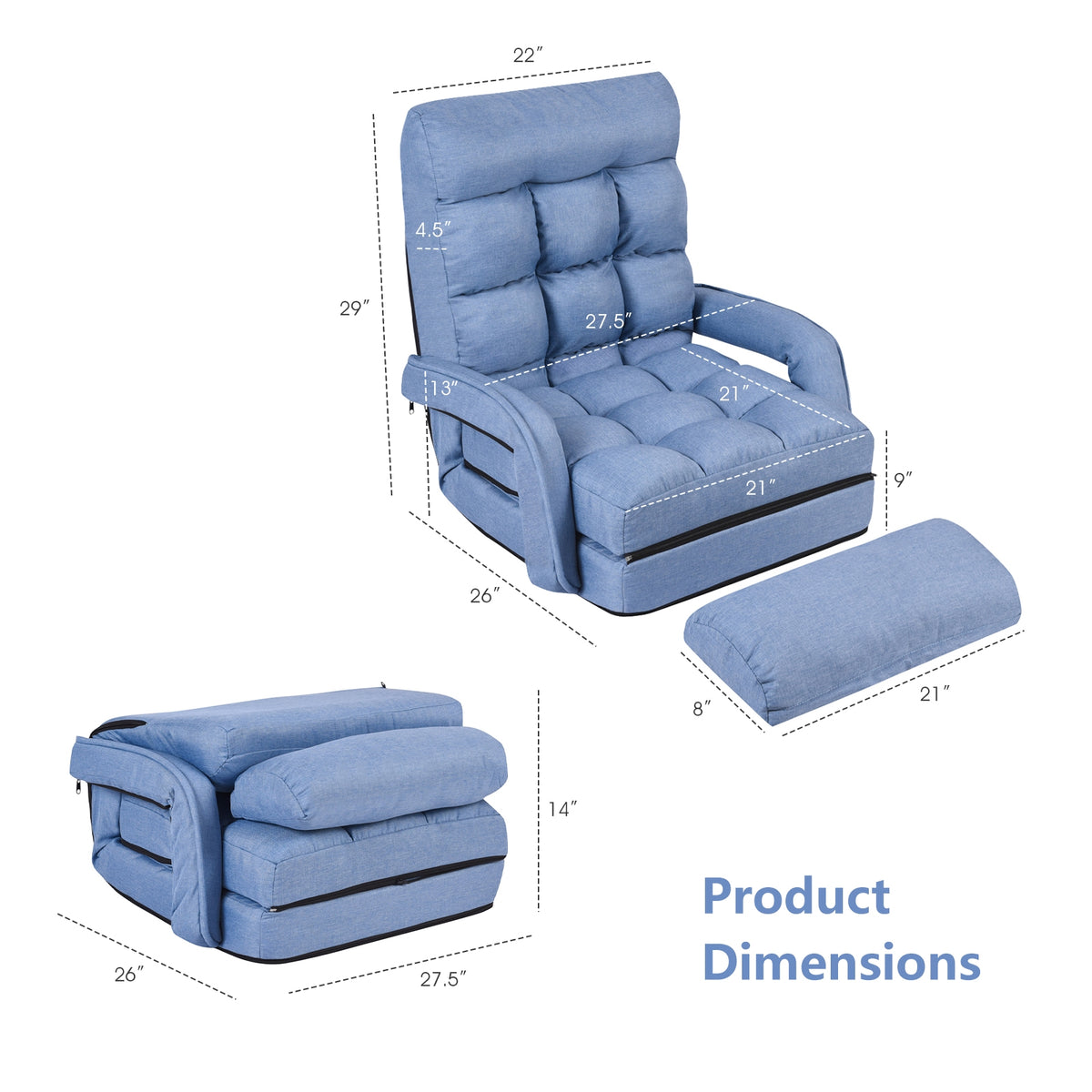 Folding Floor Chair Sofa with Armrests and Pillow - Blue