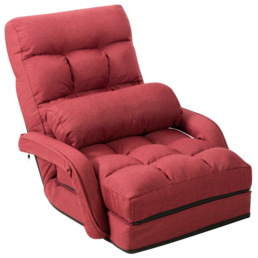 Folding Lazy Floor Chair with Armrests and Pillow - Red
