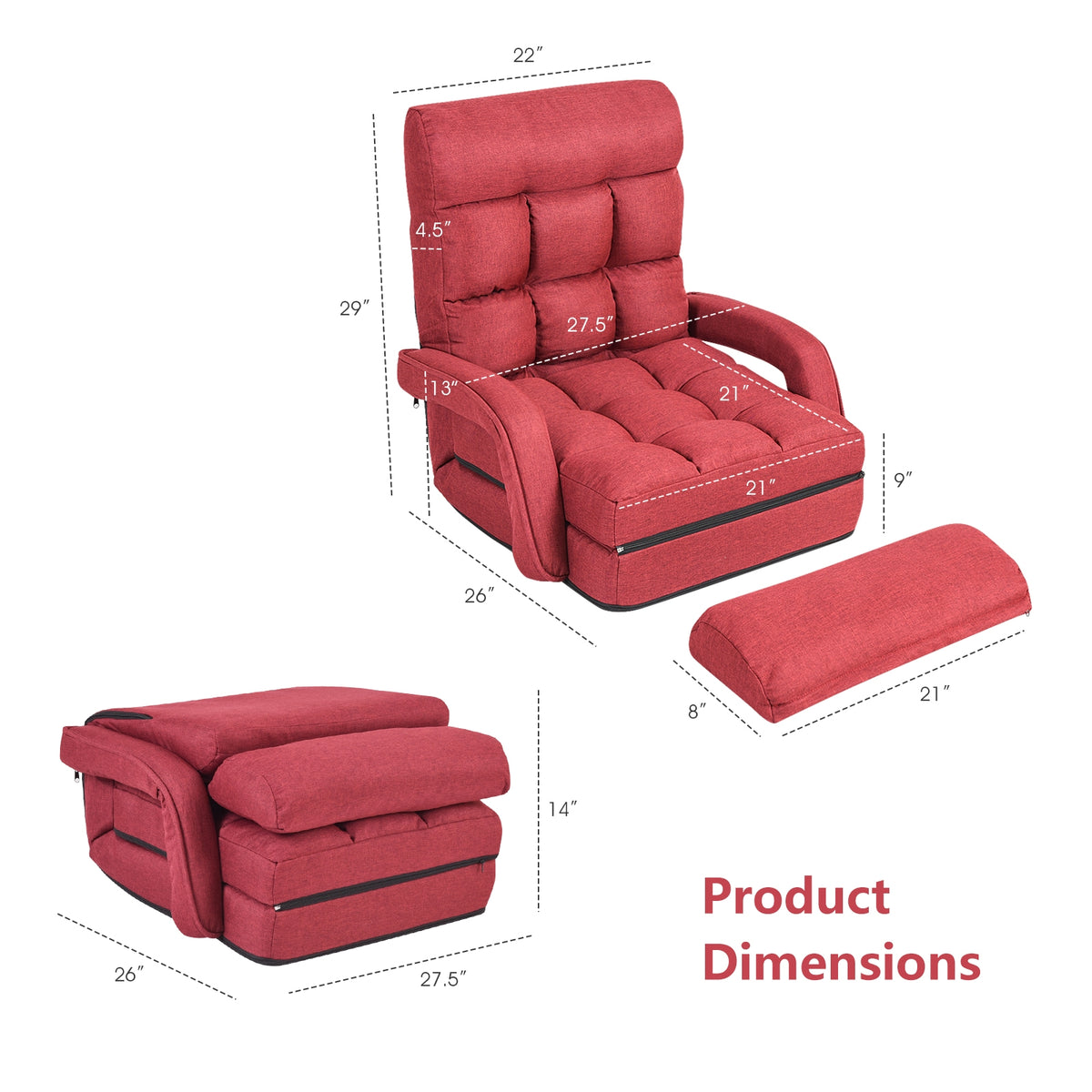 Folding Lazy Floor Chair with Armrests and Pillow - Red
