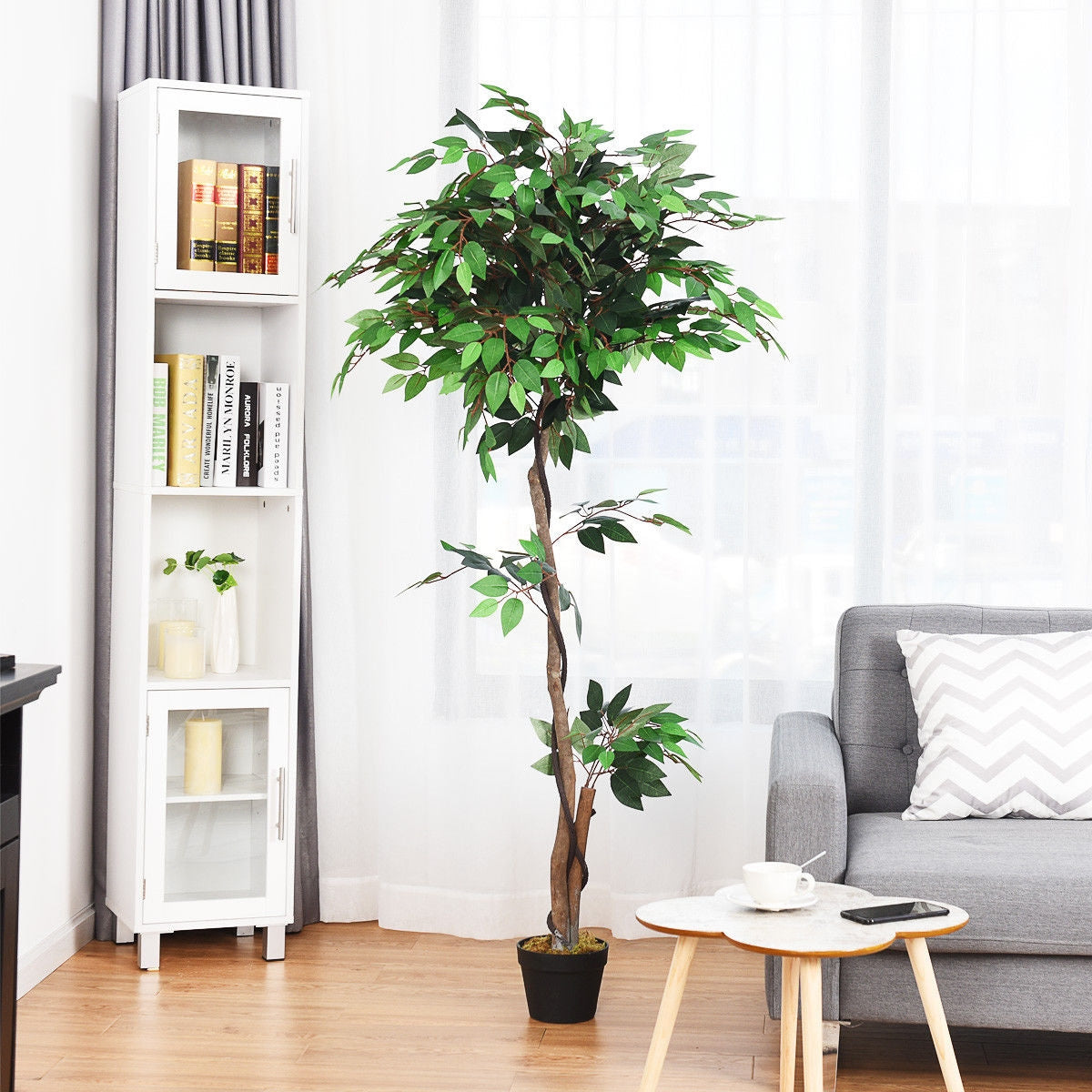Artificial Ficus Tree - 5.5 Feet Tall with Realistic Leaves & Wood Trunks
