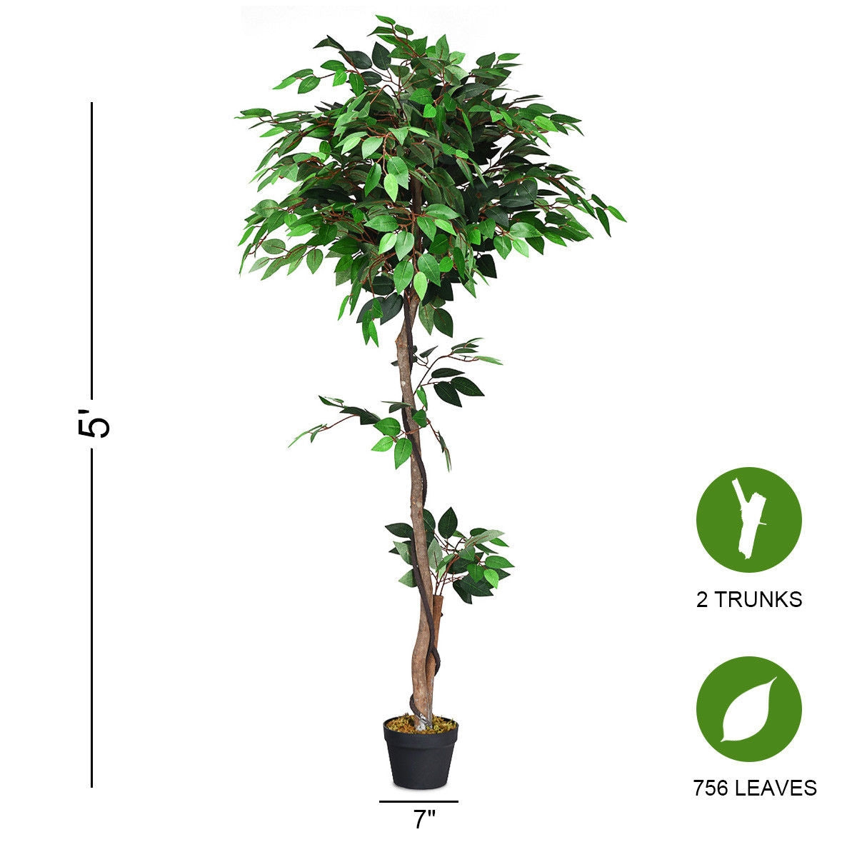 Artificial Ficus Tree - 5.5 Feet Tall with Realistic Leaves & Wood Trunks